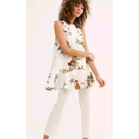 FREE PEOPLE Summer In Tulum Linen Blend Floral Printed Tunic Top In Ivory Size M - Picture 2 of 6